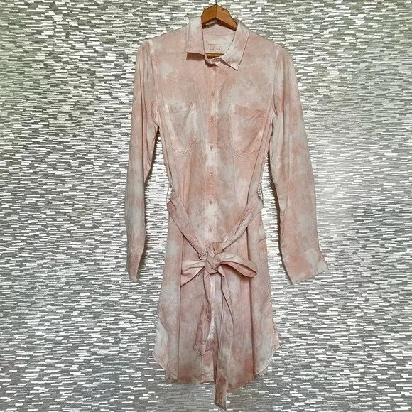 Guess Rose Bliss La Shonda Pink Tie Dye Button Down Belted Shirt Dress Size M - Picture 7 of 14